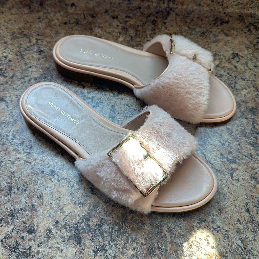 Stuart Weitzman Pink/Peachy Nude And Gold Wooden Sandal/ Flat
